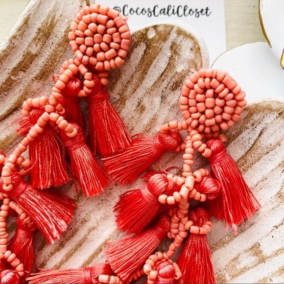 Boho Coral Pink Tiered Tassel Beaded Drop Earrings NWT - Picture 2 of 6